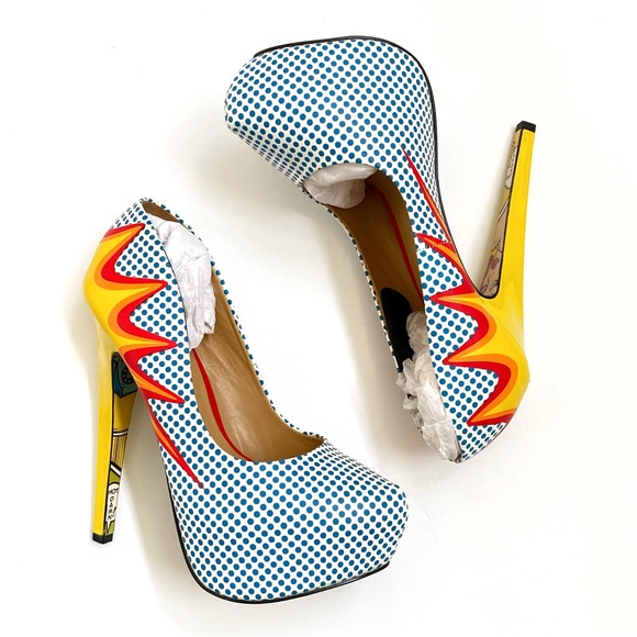 TAYLOR SAYS TALIA COMIC EXPLOSION blue white polka dot yellow red platform heels - Picture 6 of 14